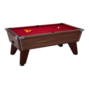 Billard Omega chêne fonce tapis bordeaux, un billard idéal pour les collectivités.