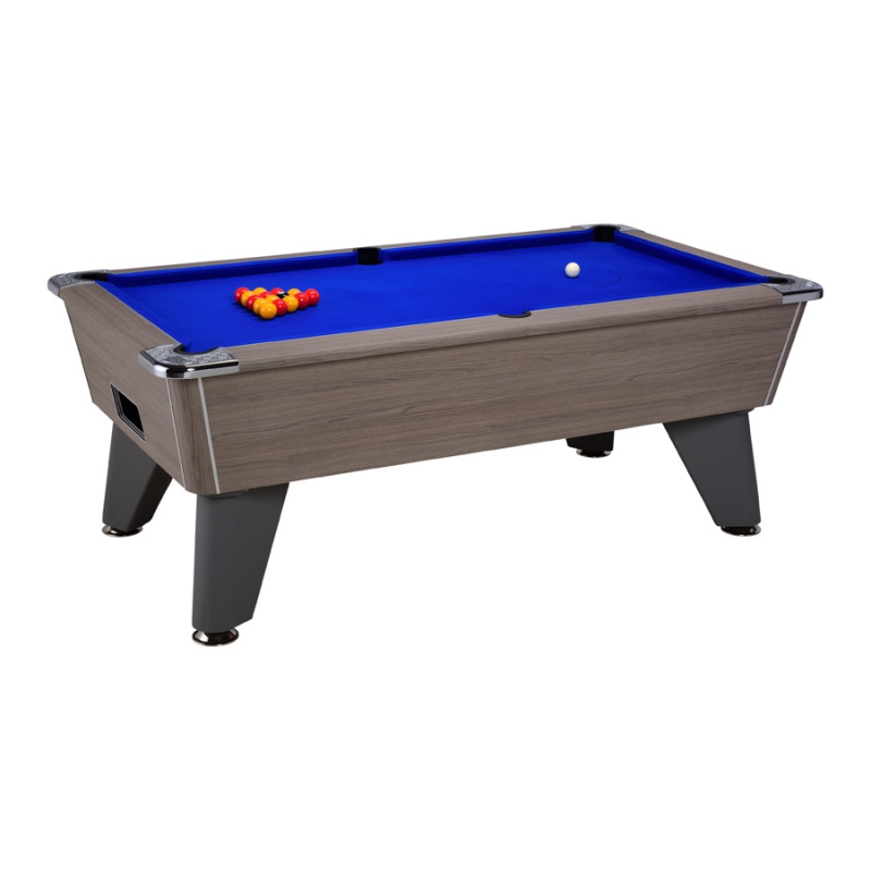 Billard 7 Feet pool anglais oméga chêne gris tapis bleu.