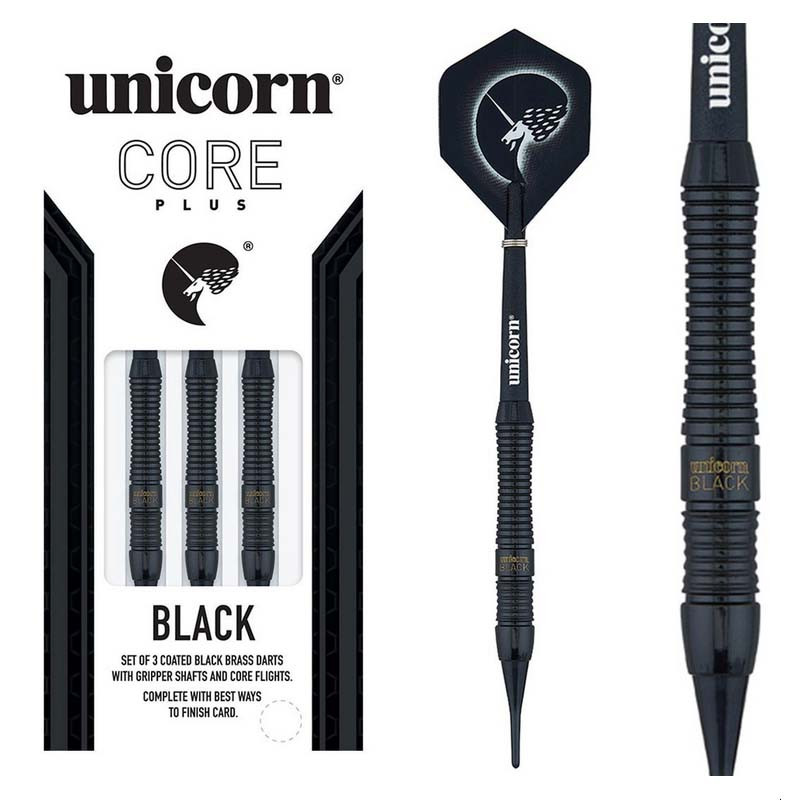Jeu de fléchettes pointe plastique de 18 grammes Unicorn Core plus Rubberised black.