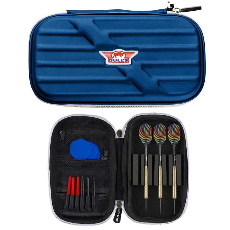 Étui de rangement pour un jeu de fléchette de la marque bull's Wings case bleu.