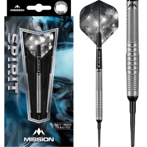 Lot de 3 fléchettes professionnelles Mission Spirit, fût fabriqué en tungstène à 90% pour un poids d'ensemble de 20 grammes.