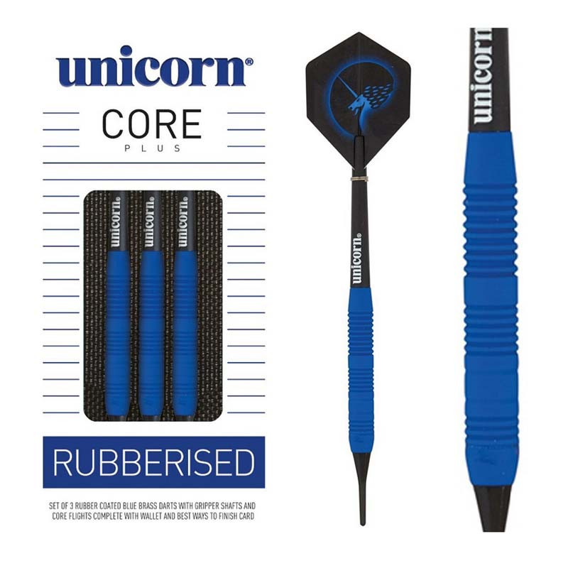 Jeu de fléchette pointe souple de 18 grammes Unicorn Core plus Rubberised bleu.