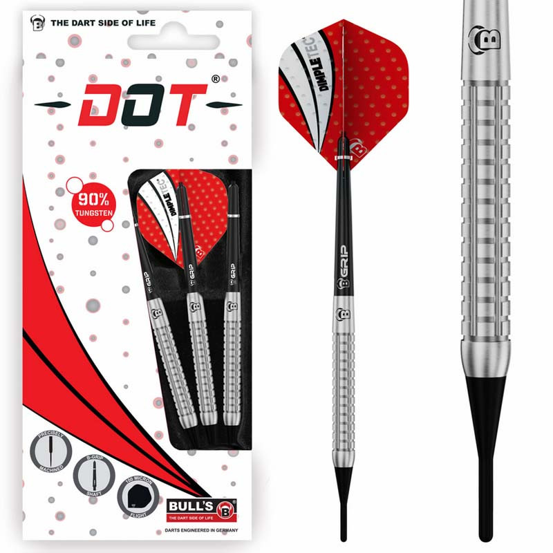 Fléchettes BULL'S Dot D5 Soft en 90% tungstène, haute précision.