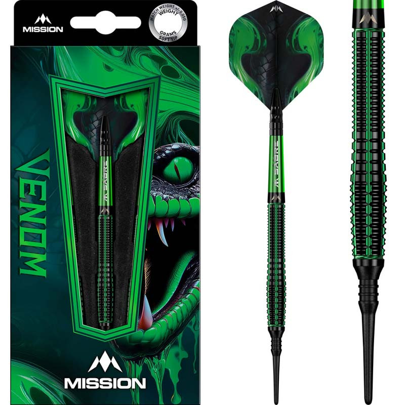 Fléchettes Mission Venom Soft Tip 20g – 90% Tungstène, design noir et vert.