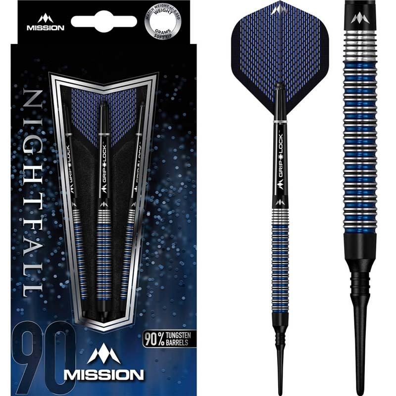 Fléchettes Mission Nightfall Soft Tip 19g – 90% Tungstène, finition noir et bleu.