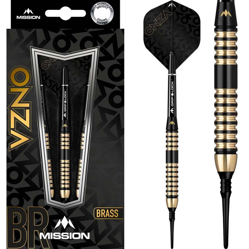 Mission Onza M4 Soft Tip – Fléchettes en laiton noir et or, précises et élégantes.