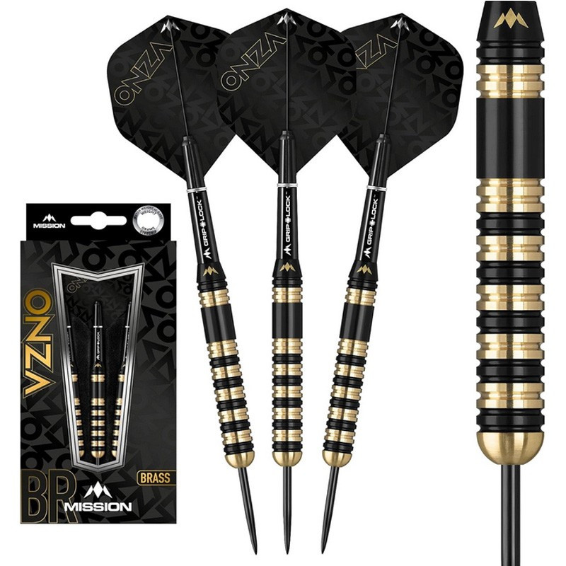 Fléchette Mission Onza M3 vue latérale avec fût noir et or, pointe acier 23g