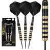 Fléchette Mission Onza M3 vue latérale avec fût noir et or, pointe acier 23g