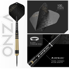 Set complet des fléchettes Onza M2 avec shaft Grip Lock, anneau S-Lock et flights 100