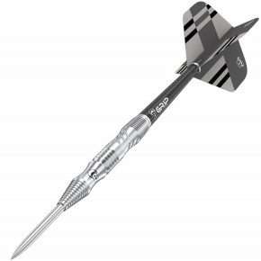 Vue dynamique de la fléchette Bull’s Tac T1 – grip avant et arrière sculpté CNC