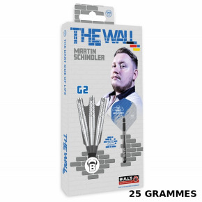 Packaging officiel des fléchettes Martin Schindler G2 25g avec pointe acier pour cible traditionnelle.