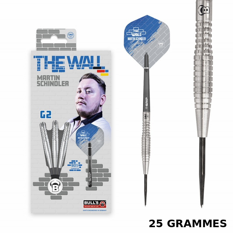 Set complet 3 fléchettes The Wall G2 25g avec flights et shafts inclus. Fléchette de compétition.