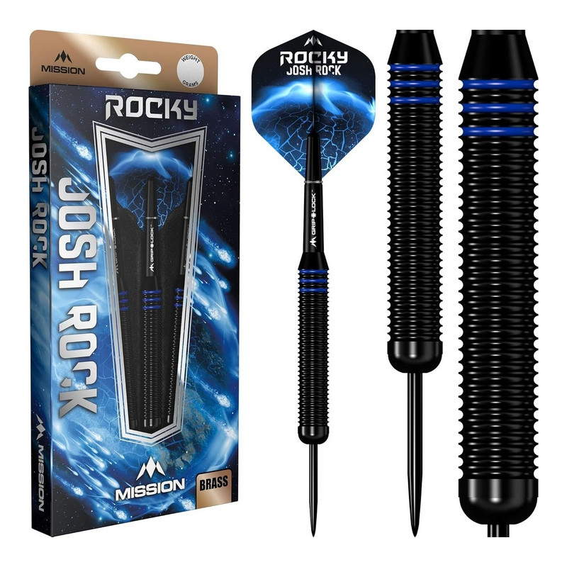 Vue de la boîte des fléchettes Josh Rock 22g avec design noir et bleu.