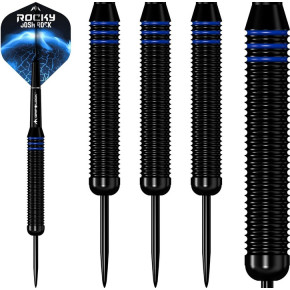 Zoom sur le grip rainuré noir avec bagues bleues – fléchettes Josh Rock 22g.