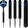 Zoom sur le grip rainuré noir avec bagues bleues – fléchettes Josh Rock 22g.