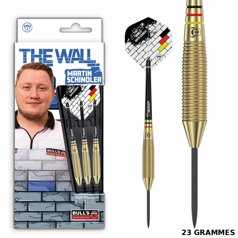 Vue complète du set BULL’S Natural Brass 23g avec packaging et fléchette