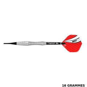 Fléchette Sirius Soft Tip 16g, finition inox, grip arrière et pointe souple pour cible électronique connectée Granboard.