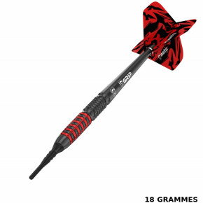 Zoom sur le fût de la fléchette Magma pro : finition noire titane et double zone de grip rouge.