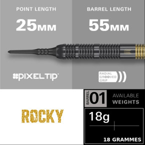 Détail du grip radial noir et doré des fléchettes Josh Rock Soft Tip 18 grammes