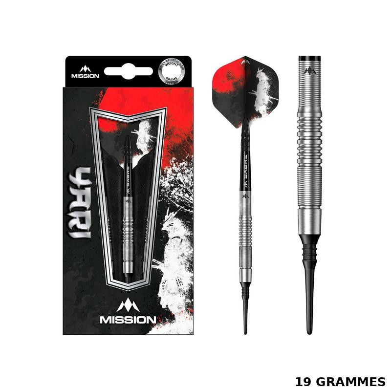 Coffret + fléchette Yari Soft Tip 19g en détail, flight, grip et packaging inclus.