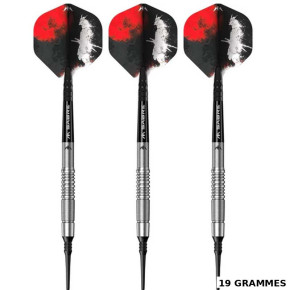 Trois fléchettes Mission Yari 19g Soft Tip avec finition samouraï et pointe souple noire.