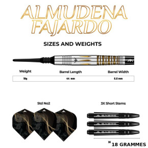 Dimensions des fléchettes Almudena Fajardo 18g avec shaft Sabre et flights design.