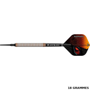 Fléchette Mission Komodo GX 18g Soft Tip en finition rose gold, vue de profil avec grip intégral.