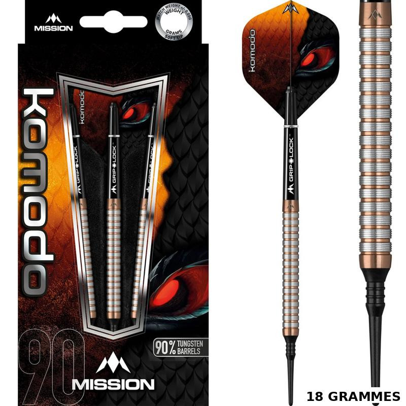Coffret Mission Komodo GX Soft Tip 18g avec 3 fléchettes en tungstène 90 % et design reptilien.