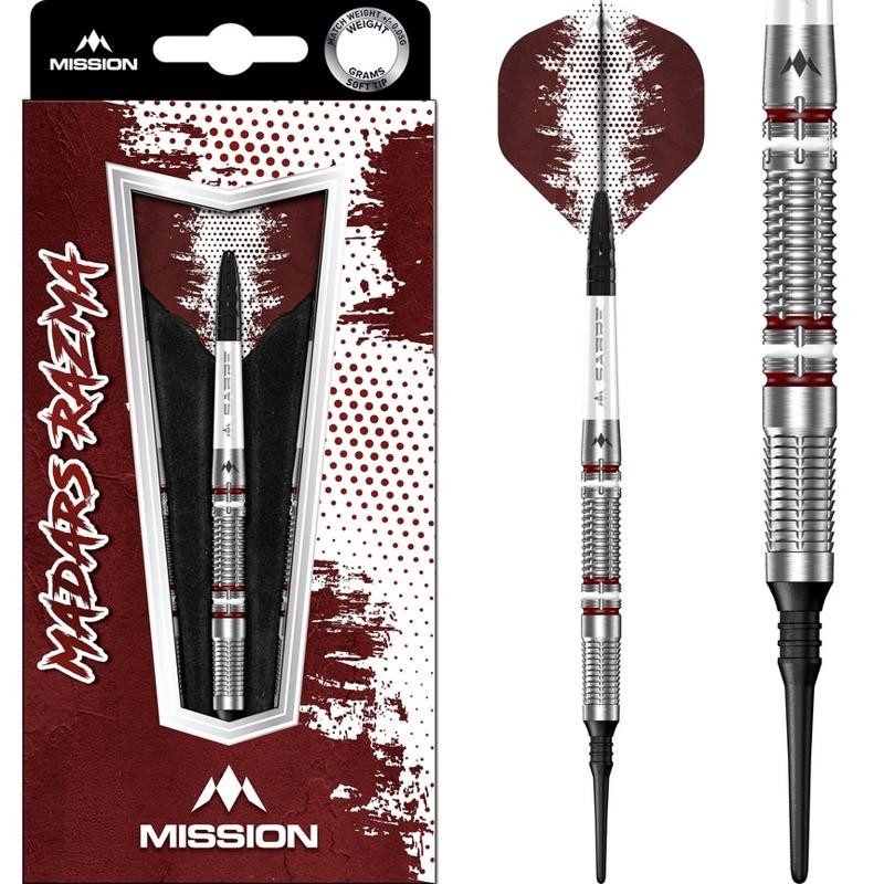 Coffret officiel Mission Razma Soft Tip 21g avec flights rouges et shafts blancs Sabre.