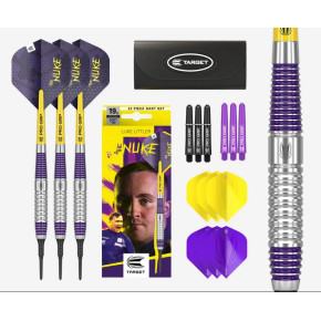 Pack fléchettes laiton 19g Luke Littler avec visuel et accessoires.