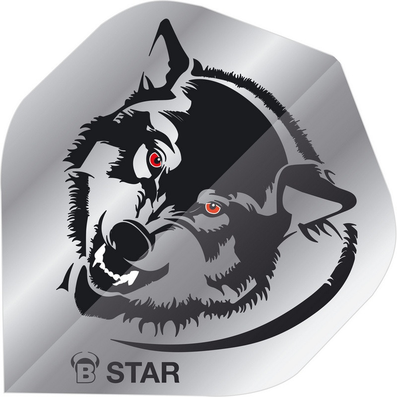 Ailette Bull's B-Star A-Standard 100 microns au design loup noir et gris aux yeux rouges.
