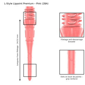 Pointe L-Style Lippoint Premium Rose 2BA – zooms filetage anti-desserrage et dots grip