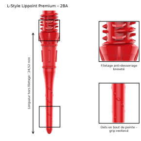 Pointe L-Style Lippoint Premium rouge 2BA avec zooms sur filetage anti-desserrage et dots de grip