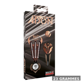 Coffret de fléchette professionnelle BULL’S Adon 23 g – série 90 % tungstène au design bronze distinctif.