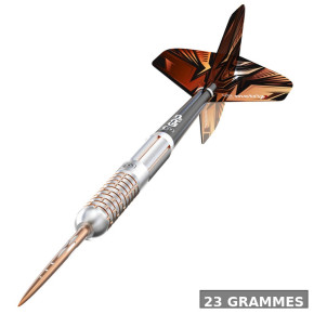 BULL’S Adon 23 g – vue de profil ; fût 90 % tungstène, silhouette slim et pointe acier usinée.