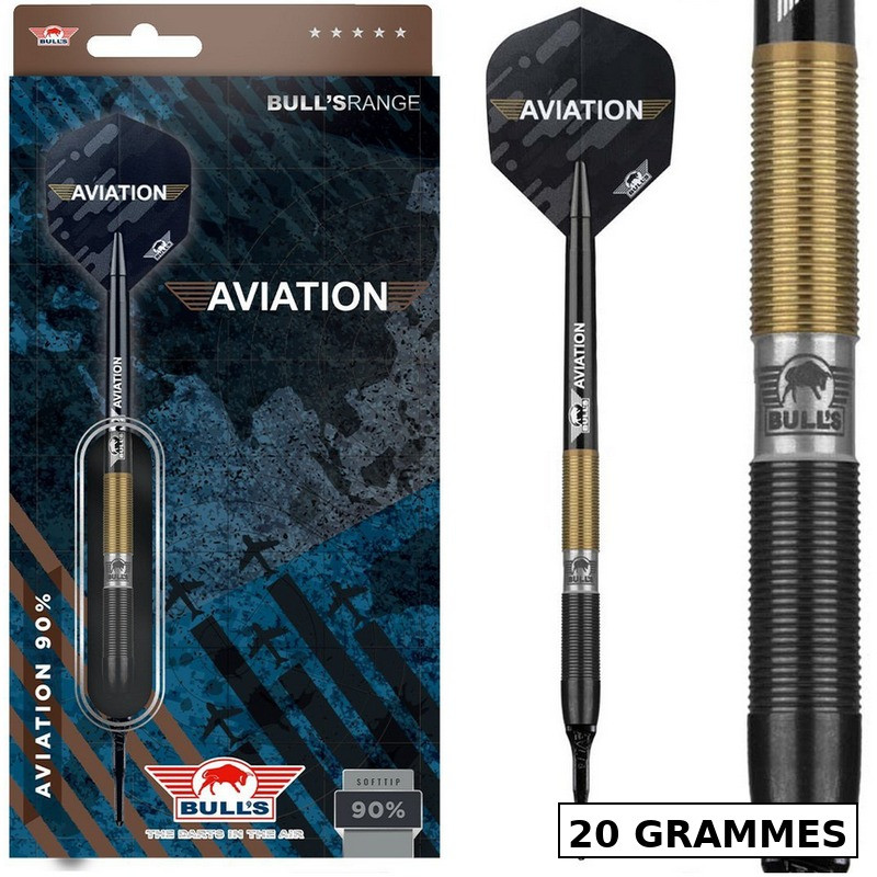 Fléchette pro Bull’s Aviation 90% Soft Tip 20 g – pack officiel noir/or, set complet prêt à jouer