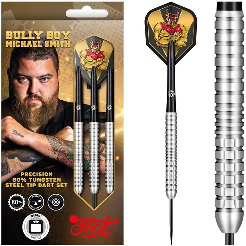 Pack complet fléchettes Shot Michael Smith 80% tungstène 23g pointe acier, design Bully Boy.
