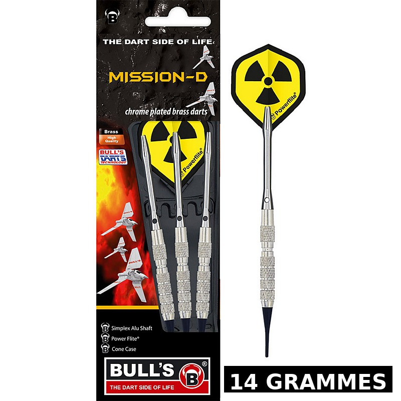 Set BULL’S Mission-D Soft Tip 14g laiton chromé, fléchettes complètes avec étui Cone Case – idéal enfants et débutants.