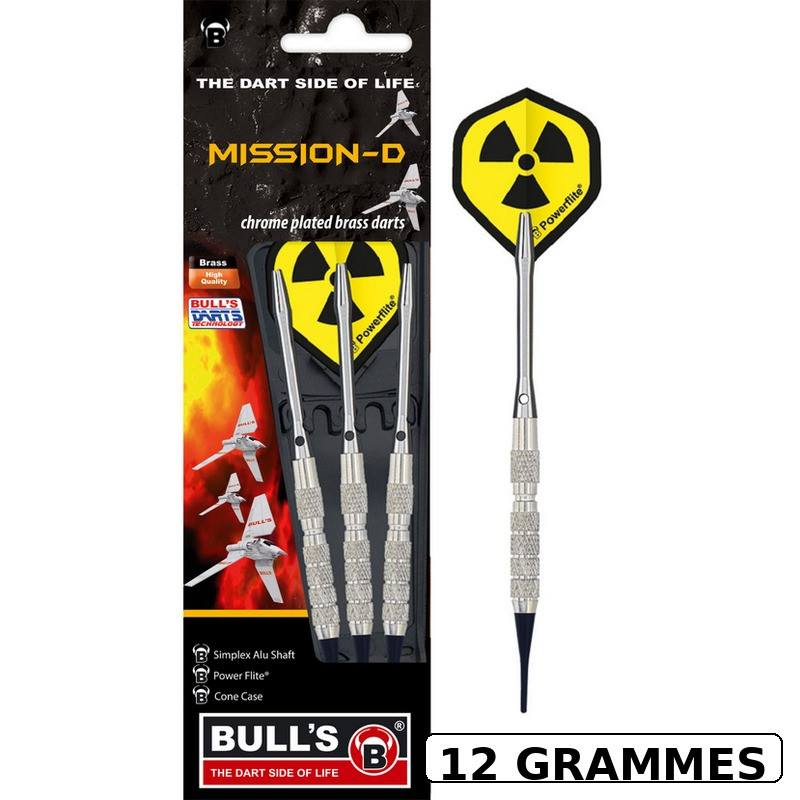 BULL’S Mission-D 12g soft tip : set complet laiton chromé, shafts alu Simplex, ailettes Powerflite et Cone Case.