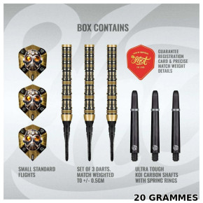 Contenu du set Shot Badlands The Sheriff 20g avec fûts 90 % tungstène, shafts Koi Carbon et Lippoints
