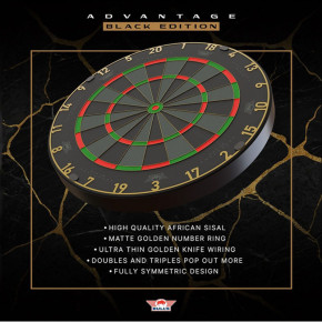 Bull’s Advantage Black, cible professionnelle en sisal africain avec design noir et or.