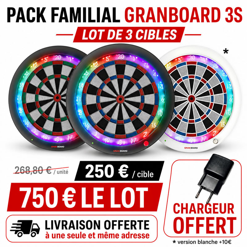 Pack familial Granboard 3S avec trois cibles connectées au choix, alimentations dédiées et livraison groupée offertes.