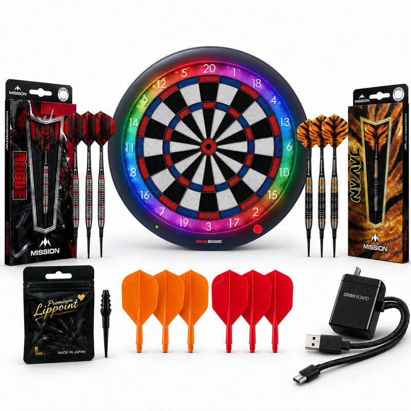 Pack Granboard 3S Bleu complet avec 2 jeux de fléchettes 18g, pointes Lippoint, ailettes BarFlight et chargeur offert.