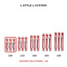 Shafts L-Style L-System ROUGE TRANSPARENT – comparaison des longueurs 190, 225, 260, 295 et 330