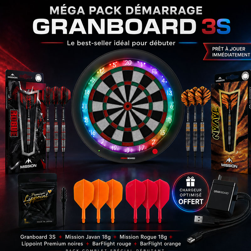 Méga Pack Granboard 3S verte avec fléchettes Mission 18g, accessoires L-Style et alimentation offerte.