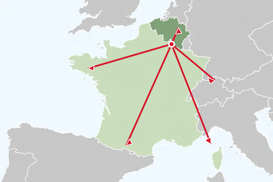 Carte de distribution depuis Valenciennes vers la France et la Belgique